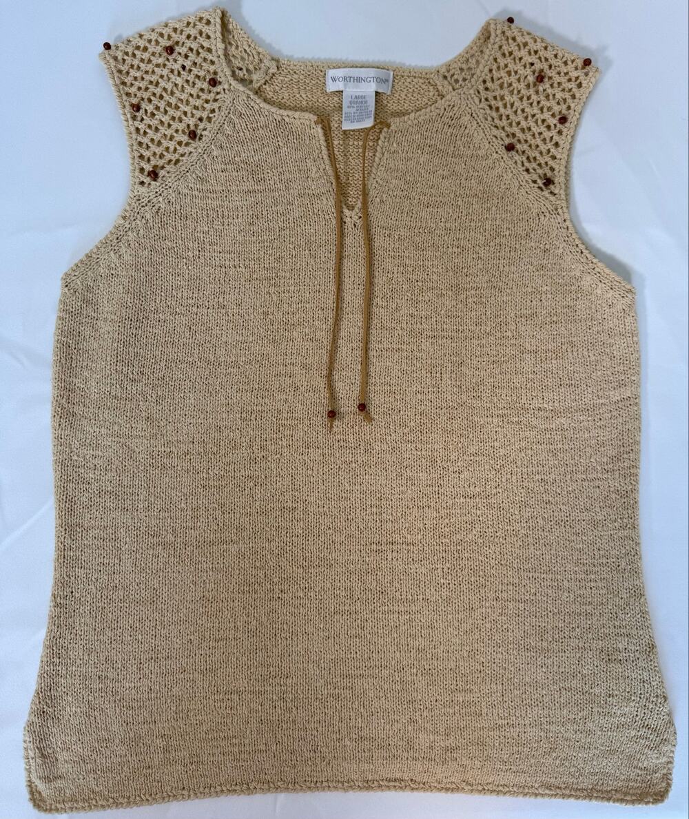 Vintage 90s Boho Knit Tank Top Crochet Shoulder Wooden Bead Detail Large